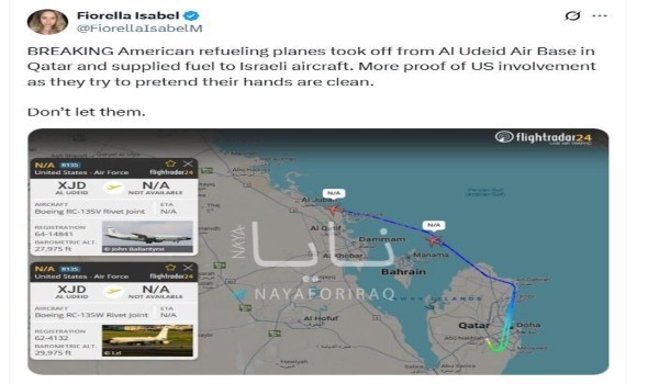 طهران تتهم واشنطن بمساعدة إسرائيل في تزويد طائرتها جوّا بالوقود وتنشر صورة لحركة طائراتها وقت الهجوم